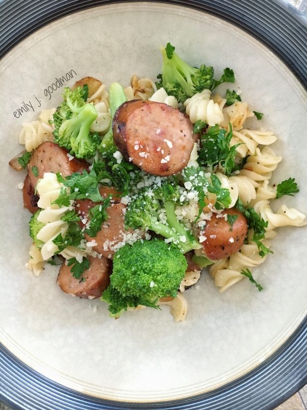 Pasta with Broccoli and Chicken Sausage - bowl close up